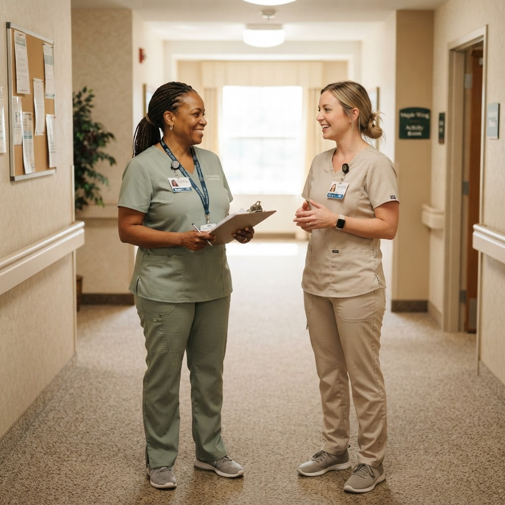 Two nursing care professionals talking in a bright care facility