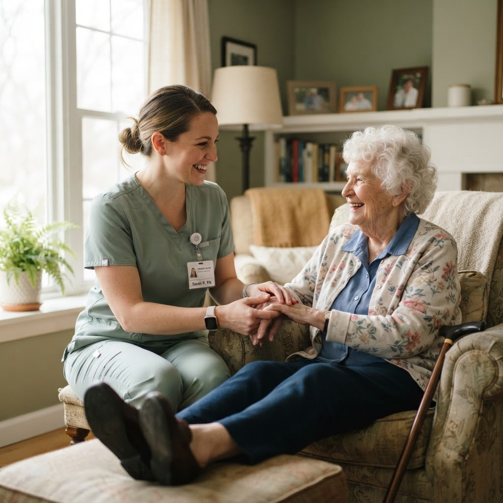 A nurse gently assisting an elderly woman at home